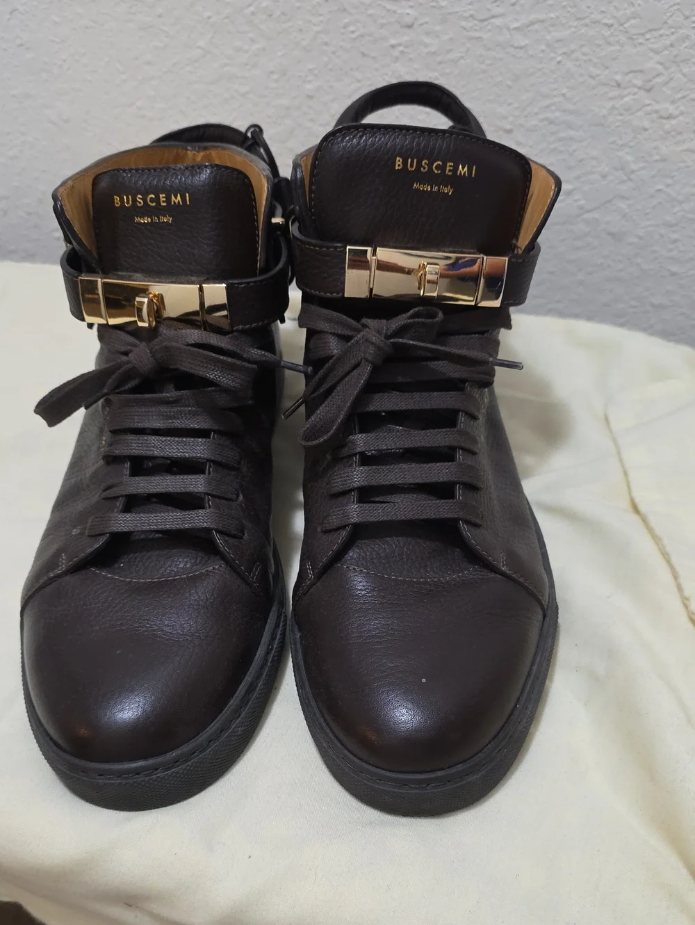 Buscemi Men's High-Top Sneakers in Brown with Gold Hardware
